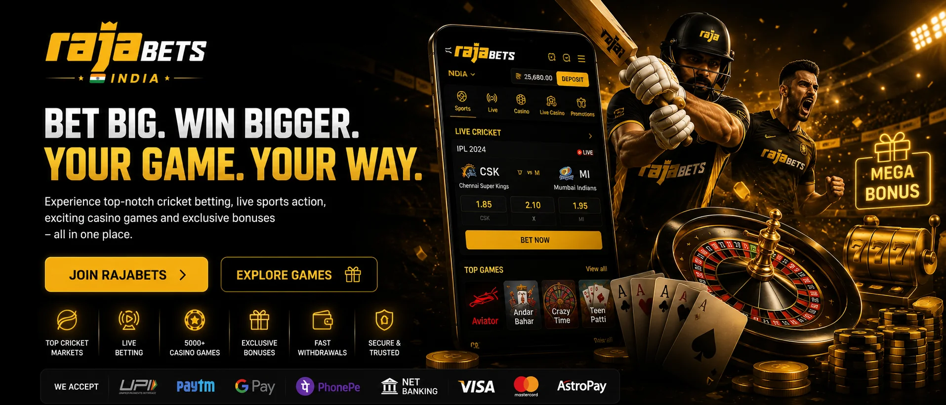 Rajabets India mobile betting website featuring IPL betting, live dealer casino games, sportsbook markets, fast withdrawals, and online casino entertainment for India